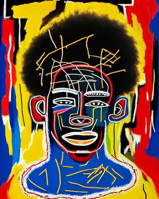 Image similar to A extremely ultra highly detailed majestic hi-res beautiful immaculate head and shoulders award winning painting stunning masterpiece of the face of a strong black african man with an afro by Jean-Michel Basquiat, 8k, high textures, ultra hyper sharp, insanely detailed and intricate, super detailed, 8k HDR ultra high quality