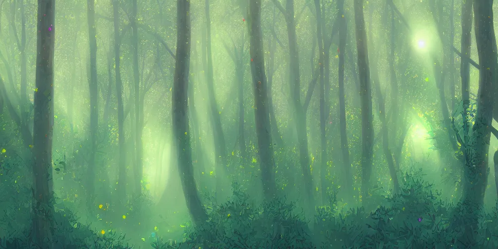 Prompt: A thick forest covered in tiny bright colorful specks of light covers the landscape, Trending on artstation.