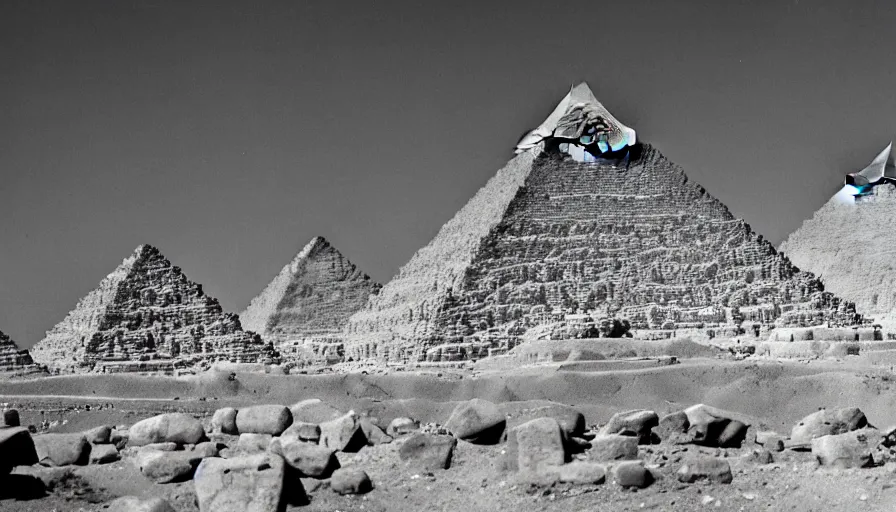 Image similar to aliens lift up big rocks in the foreground. the pyramids are halfway built in the background. archive photo