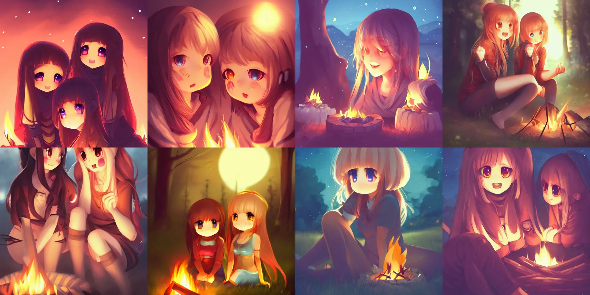 Prompt: cute girls with detailed eyes sitting around campfire at night, full faces, anime, fantastic details, trending on artstation, pixiv, moe, illustration, digital art, concept art, manga cover