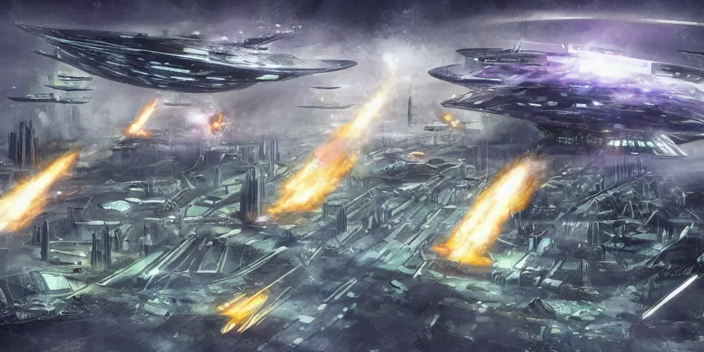 Image similar to future forest city attacked by spaceship, star trek, concept art, ice mist, glory war,