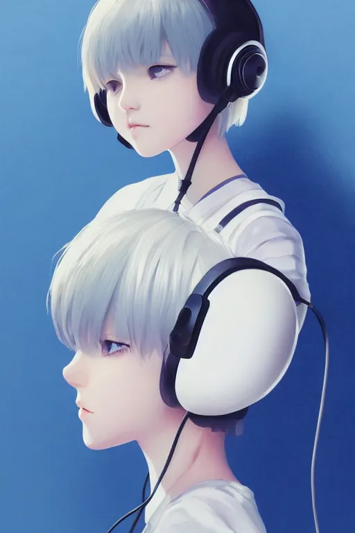 Prompt: a cute young girl listening to music with her eyes closed and wearing headphones in the style of Ilya Kuvshinov and Range Murata, white bob cut hair, blue filter, blue and white, soft lighting, atmospheric, cinematic, moody, wlop, digital painting, 8k