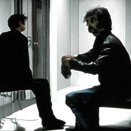 Image similar to a man and a robot in a moment of jealousy, movie still, Movie by Andrzej Zulawski and David Lynch