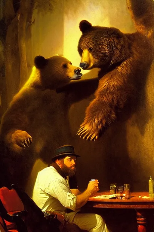 Image similar to portrait of bear gambling in the club by albert bierstadt, wonderful masterpiece by asher brown durand, beautiful cinematic light, by greg manchess, jessica rossier