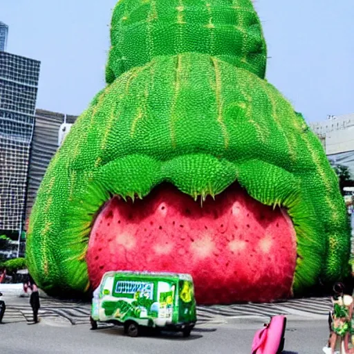 Image similar to giant cactus monster in tokyo city throws watermelons