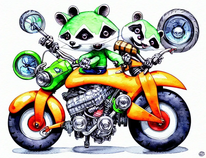 Prompt: cute and funny, racoon riding in a tiny sport motobike with oversized engine, ratfink style by ed roth, centered award winning watercolor pen illustration, isometric illustration by chihiro iwasaki, edited by range murata, tiny details by artgerm and watercolor girl, symmetrically isometrically centered