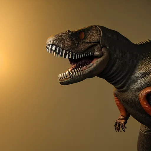 Image similar to t - rex gun, award winning, unreal engine 5 render, 3 d model, volumetric fog, ray traced, award winning