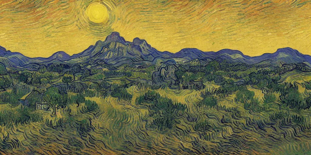 Image similar to A landscape painting of Morrowind\'s Vvardenfell district by Van Gogh (1884)