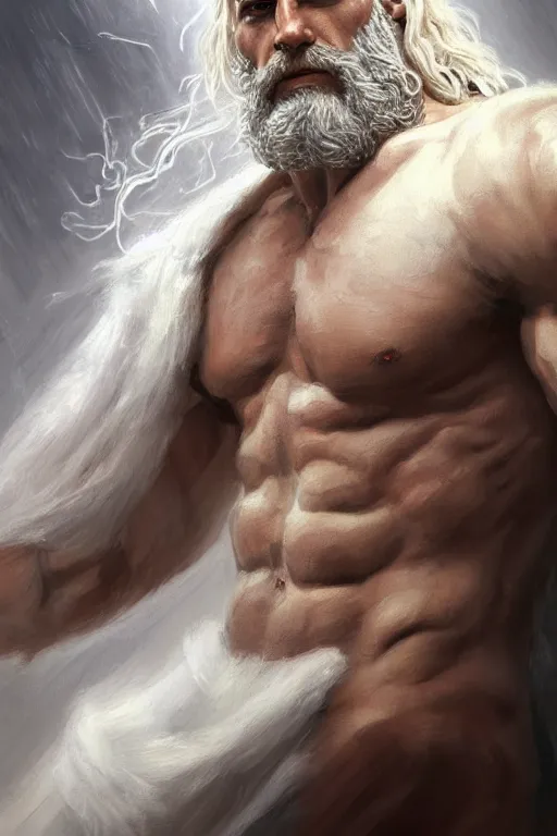 Image similar to painted portrait of rugged zeus, god of thunder, greek god, white hair, masculine, powerful, handsome, upper body, white robe, muscular, hairy torso, fantasy, intricate, elegant, highly detailed, digital painting, artstation, concept art, smooth, sharp focus, illustration, art by gaston bussiere and magali villeneuve