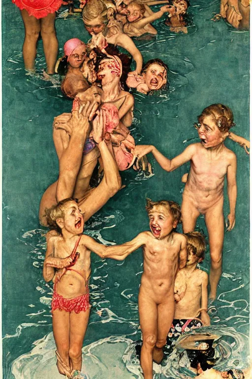 Image similar to summer swimming party, body horror, Norman Rockwell