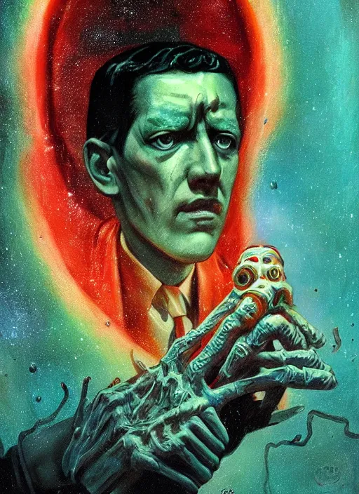 Prompt: horror by h. p. lovecraft, surrealistic digital art, pulp sci fi magazine cover, retro, detail, oil on canvas, wet oil, colorful matte illustration, digital art, artstation, houdini rendering