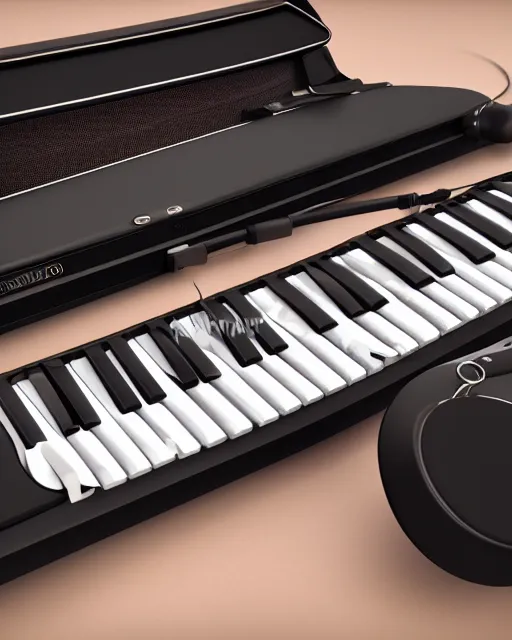 Image similar to 4K, UHD, post-processing Octane render, studio background, adaptative lighting, High Quality render of an electronic melodica, black, glossy, futuristic, highly detailed, intrincated