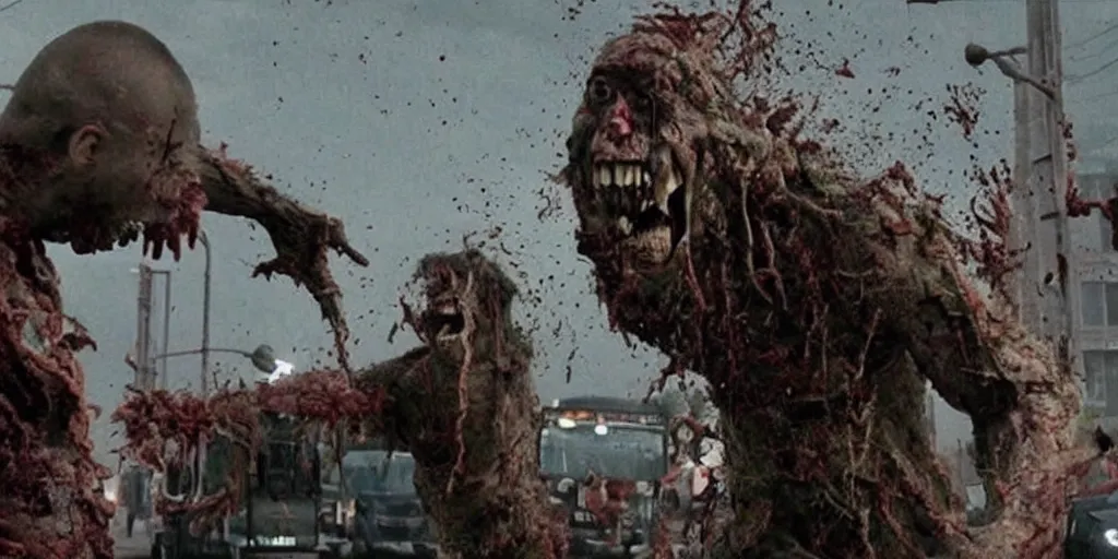 Image similar to a brutal giant zombie try to destroy a bus, still shot from movie