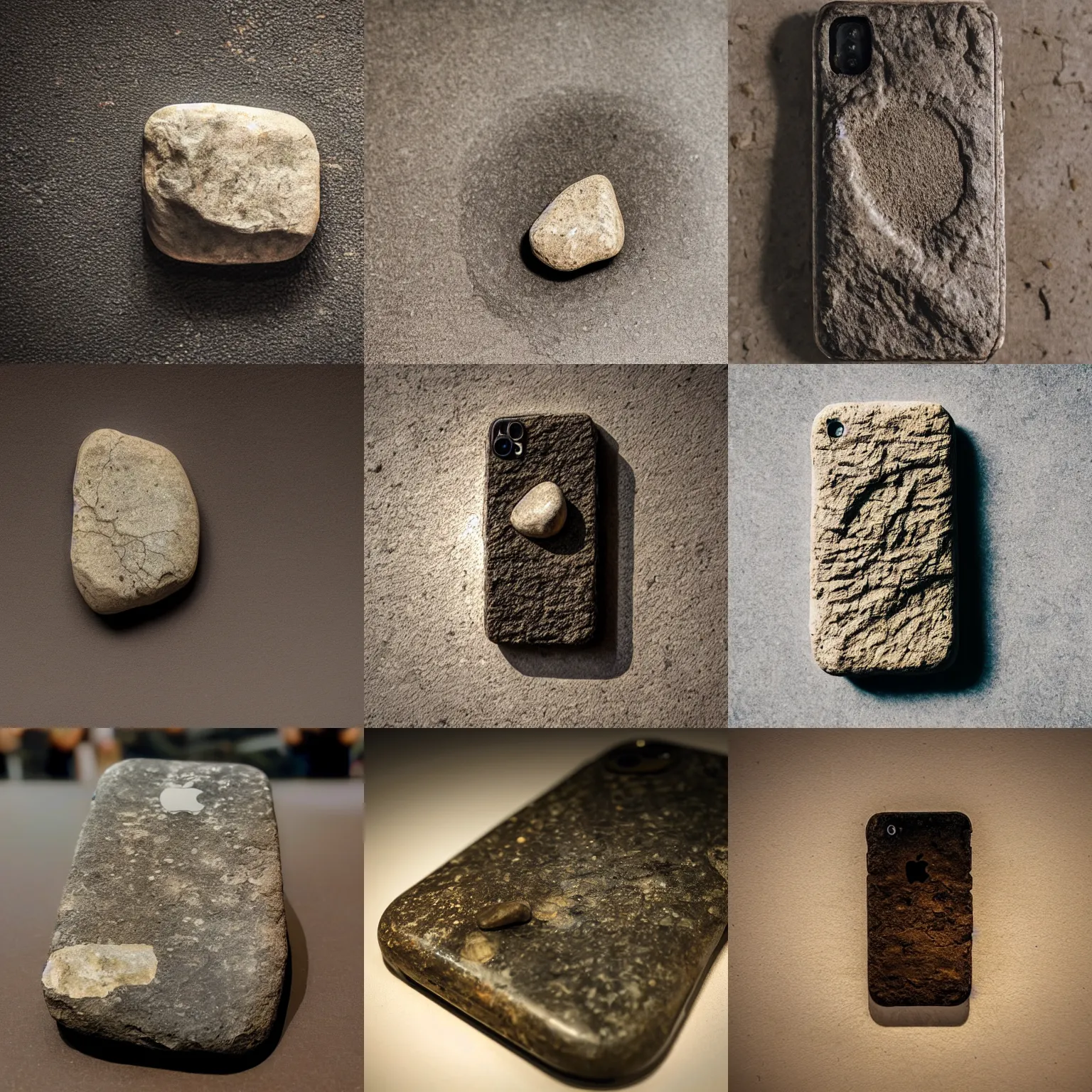 Prompt: fossil of a stone iphone from the year 1 5 0 0 bc placed in a natural history museum, dusty, direct sunlight, detailed, placed in a museum, 4 k, real, archeological find