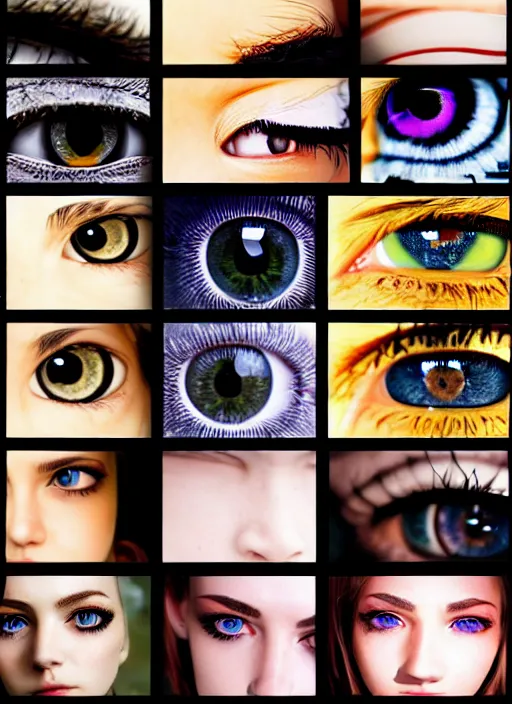 Image similar to grid montage of square shaped eyes, square shaped dilated pupils, square irises, detailed colored textures, eyelashes, advanced art, art styles mix, from wikipedia, wet reflections in eyes, sunshine light, hd macro photograph, from side, various eyelid positions, square black pupil centered