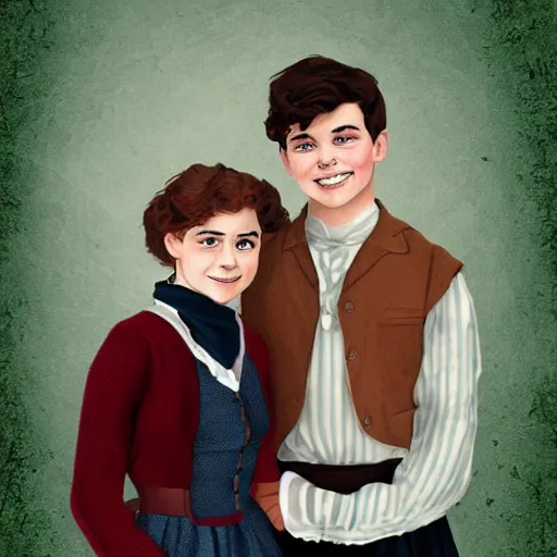 Image similar to Gilbert Blythe from anne with an e as college students, digital art