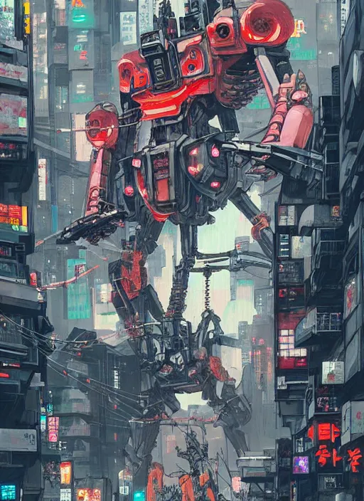 Prompt: giant war robots in the middle of cyberpunk tokyo. detailed, wearing kimono armour, by conrad roset, takato yomamoto, jesper ejsing, masamune shiro, ukiyo - e