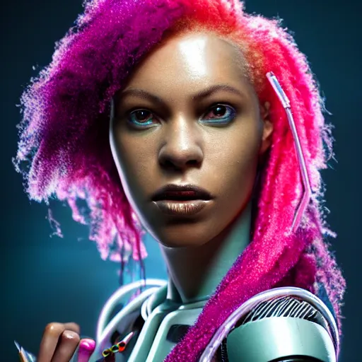 Image similar to portrait of a beautiful caribbean woman with pink hair as a cyberpunk cyborg half robot, revealing wires and electronics, circuit boards, wire management, sci - fi, missing panels, intricate abstract upper body intricate artwork, concept art, octane render, deviantart, cinematic, key art, hyperrealism, iridescent accents, portrait photograph, nikon 3 5 mm, photograph by greg rutkowski