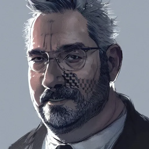 Image similar to portrait of Craig childs, an overweight 55 year old man with short gray hair and a thick, slightly long, round gray beard, round cheeks, wearing a checkered shirt, dramatic lighting, illustration by Greg rutkowski, yoji shinkawa, 4k, digital art, concept art, trending on artstation