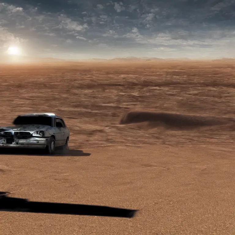 Prompt: A car drifting across a vast desert under an unrelenting sun. award winning. superb resolution. Detailed post-apocalyptic wasteland in background. Hyper realistic. Perfect art.