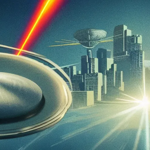 Image similar to flying saucers destroying a city with lasers