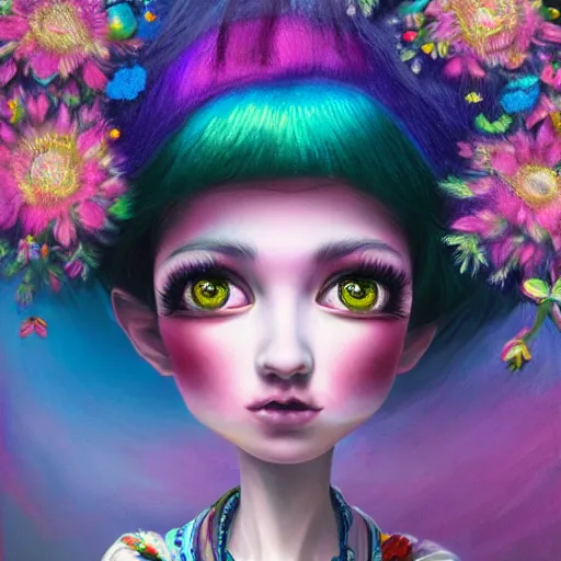 Prompt: intelligent young women with rainbow hair looking at the camera, she has a beautiful unconventional face, she is surrounded by an explosion of flowers intricate, elegant, highly detailed, digital painting, artstation, concept art, pop, smooth, sharp focus, illustration, art by mark ryden 3 d 8 k ultra detailed