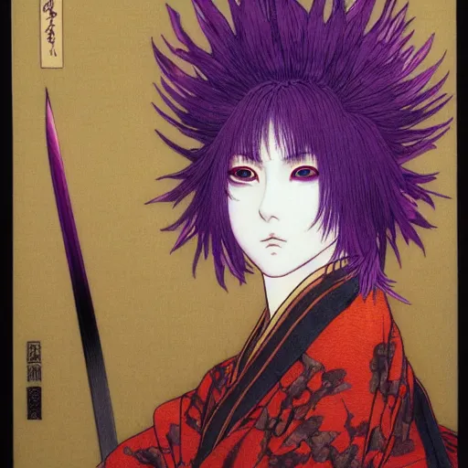 Prompt: prompt : portrait of muse soft light painted by takato yamamoto, purple iris rinnegan eyes, inspired by ninja anime, smooth face feature, intricate oil painting, high detail, sharp high detail, manga and anime