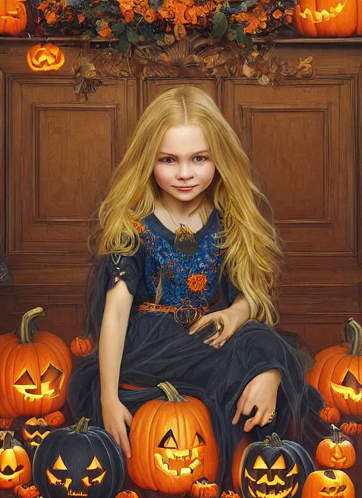 Image similar to a happy little girl with long straight golden blonde hair sitting amidst halloween decor, skulls and pumpkins. beautiful highly detailed face, beautiful painting by artgerm and greg rutkowski and alphonse mucha