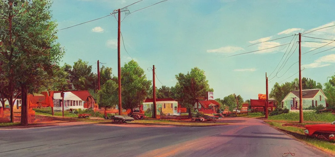 Image similar to concept art of a small rural town in middle America in the 1960s, detailed, Americana, golden hour