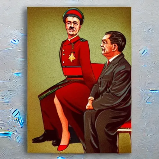 Prompt: hungarian prime minister viktor orban sitting on the knee of joseph stalin, propaganda poster art, highly detailed, colored