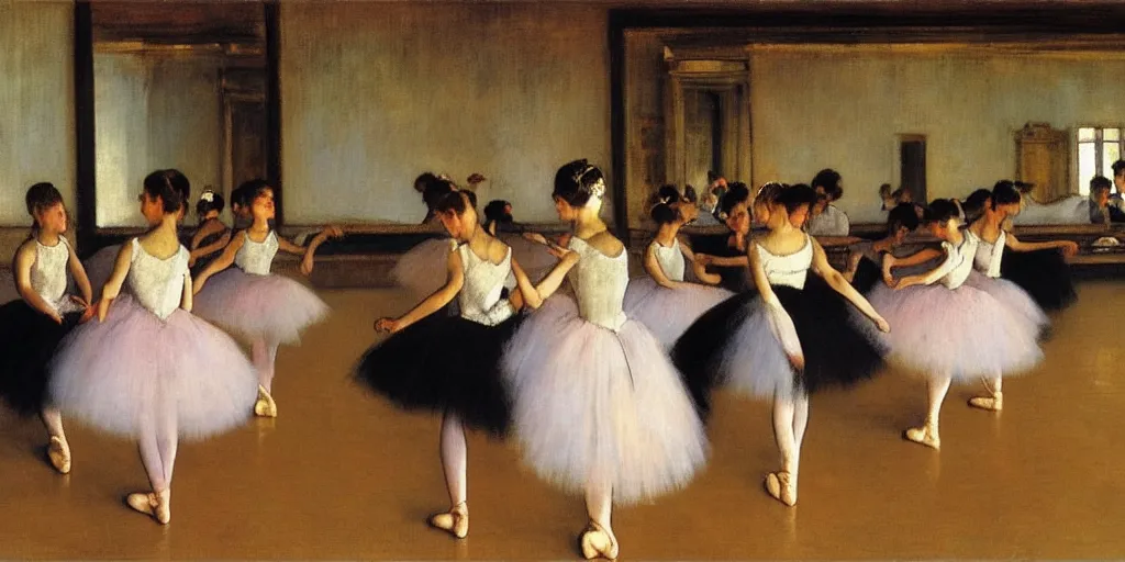 Prompt: the ballet class by degas painted by jack vettriano,! dream