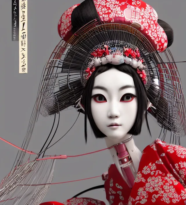 Image similar to portrait of a beautiful japanese robotic geisha with wires and actuators, dramatic lighting, hyper - realistic, ultra - realistic, intricate details, japanese model, 8 k ultra high definition, octane render