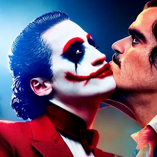 Prompt: detailed conceptual photography lady gaga kissing joaquin phoenix in the new joker movie / dramatically / intricate / sharp focus / model / yellow lighting / red beam / rendered / center of interest