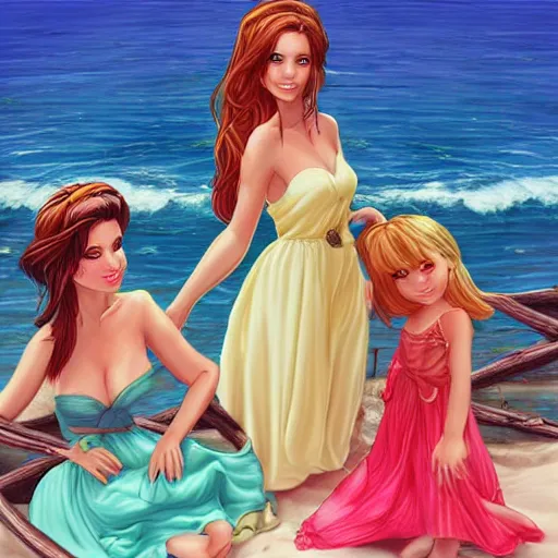 Image similar to two beautiful princesses in sundresses on the beach drawn by artgerm