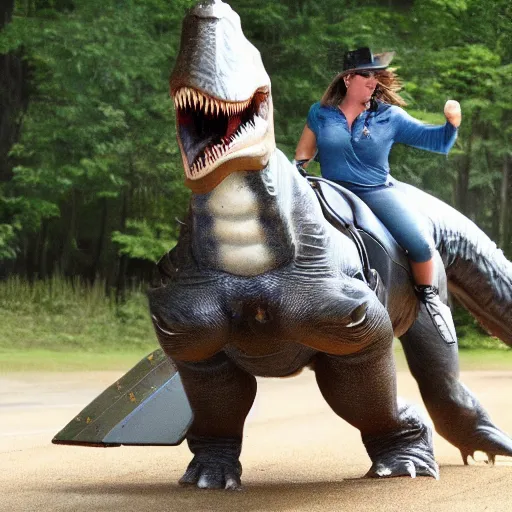 Prompt: courtney geels riding a t - rex into battle