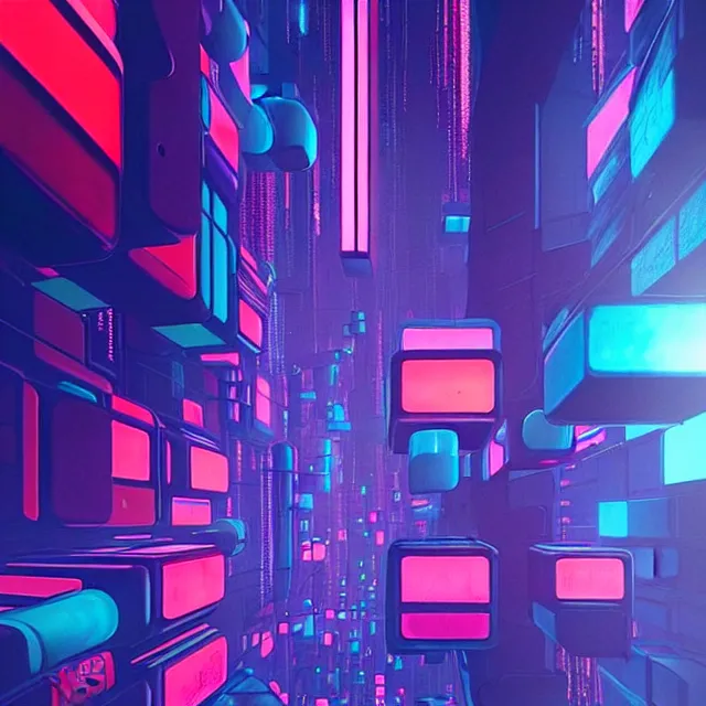 Image similar to a cyberpunk colorful cubes interconnected with glowing tubes, giant tubes connecting separate blocks, blockchain, symmetry, intricate, volumetric lighting, beautiful, rich deep colors masterpiece, sharp focus, ultra detailed, in the style of john harris