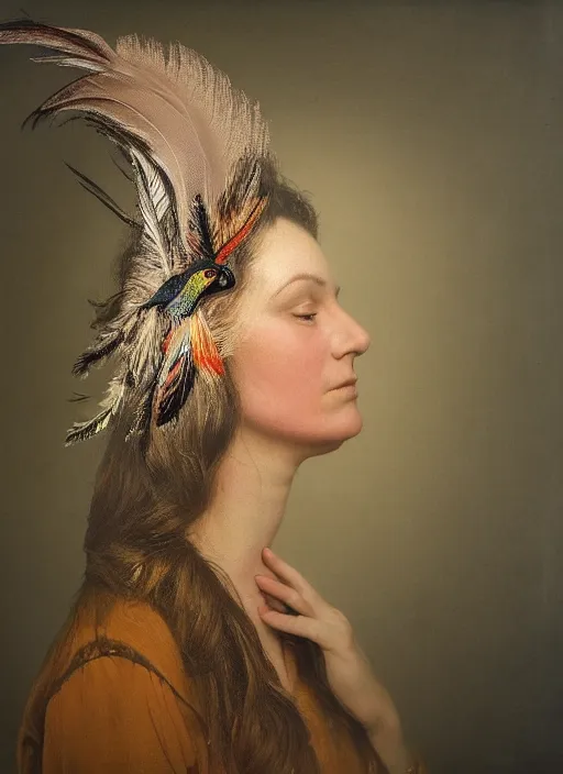 Image similar to a woman's face in profile, made of exotic hummingbird feathers, in the style of the Dutch masters and Gregory Crewdson, dark and moody