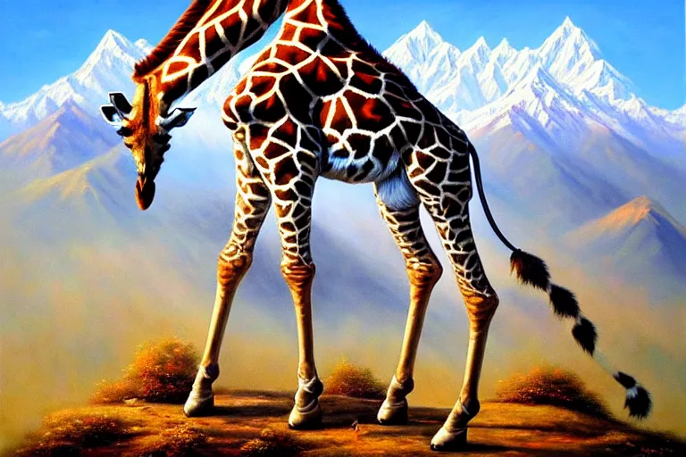 Prompt: ( ( a beautiful 8 k photorealistic masterpiece oil painting ) ( of ( a giraffe riding a tiger ) ( in the nepalese himalayas ) ) ( hyperrealism ) ( 1 6 k ) ( trending on artstation )