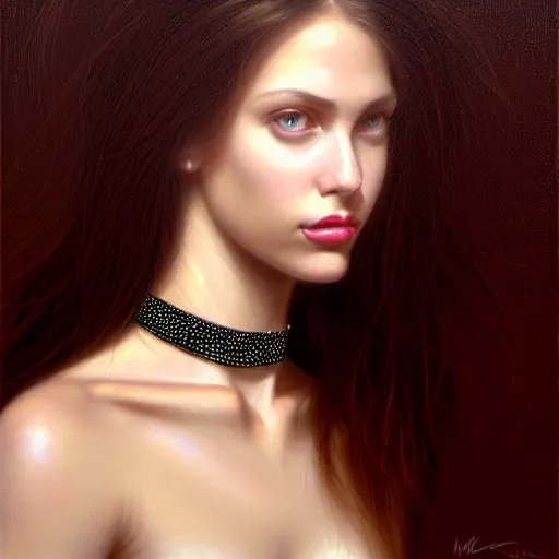 Prompt: Facial portrait of a gorgeous girl, looking away from the camera, choker on neck, seductive smile, sparkle in eyes, lips slightly parted, long flowing hair, no hands visible, delicate, teasing, arrogant, defiant, bored, mysterious, intricate, extremely detailed painting by Mark Brooks (and by Greg Rutkowski), visible brushstrokes, thick paint visible, no light reflecting off paint, vibrant colors, studio lighting