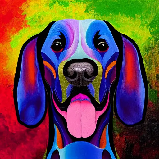 Prompt: a painting of a black dog on a colorful background, an airbrush painting by elke vogelsang, behance contest winner, neo - fauvism, digital painting, fauvism, digital illustration