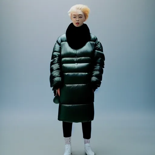 Image similar to realistic photoshooting for a new balenciaga lookbook, color film photography, portrait of a blonde asian woman, model wearing a puffer jacket, photo in style of tyler mitchell, 3 5 mm,