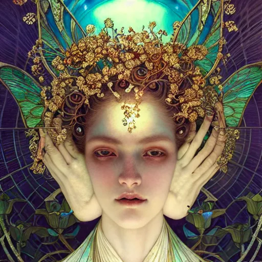 Image similar to a beautiful empress, intricate, elegant, hyper detailed, finely detailed beautiful angelic symmetry face delicate, smooth, sharp focus, award - winning, masterpiece, in bloom greenhouse, shining light came in through the window, style of tom bagshaw, cedric peyravernay, peter mohrbacher, louis comfort tiffany, victo ngai, 4 k hd illustrative wallpaper