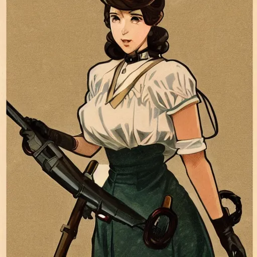 Prompt: maid fighting ww2, anime style, long hair, hair down, symmetrical facial features, ww2 era, modern clothes, hyper realistic, pale skin, 4k, rule of thirds, extreme detail, detailed drawing, trending artstation, hd, vintage, D&D, realistic lighting, by Alphonse Mucha, Greg Rutkowski, sharp focus, backlit