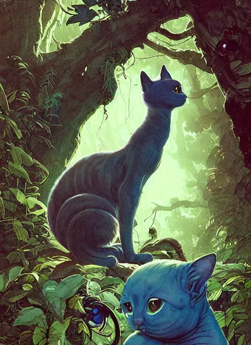 Image similar to a hyper realistic ink cat alien technology and sunbeams blue sky, lush forest foliage painting by chiara bautista and norman rockwell and greg rutkowski weta studio, and lucasfilm