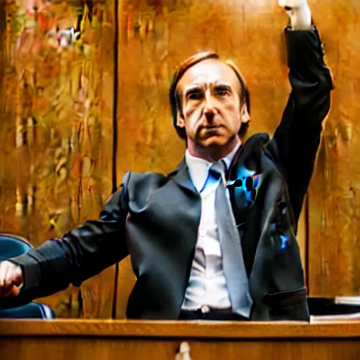 Image similar to saul goodman doing t - pose in courtroom to intimidate prosector
