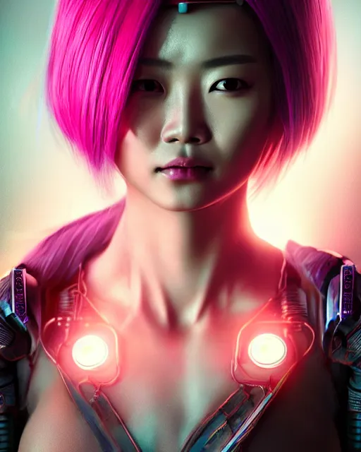 Image similar to portrait of a beautiful asian woman with pink hair as a cyberpunk cyborg half robot, sci - fi, missing panels, intricate abstract upper body intricate artwork, concept art, octane render, deviantart, cinematic, key art, hyperrealism, iridescent accents, portrait photograph, nikon 3 5 mm, photograph by greg rutkowski