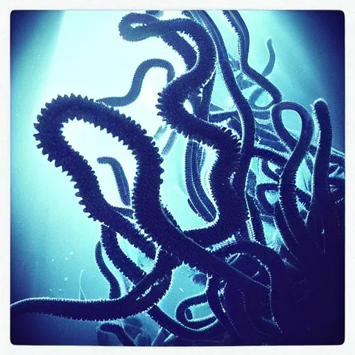 Prompt: “a swarm of dark tentacles underwater, underwater photography, trending on artstation, crepuscular rays, deep blue dark water background, abyss”