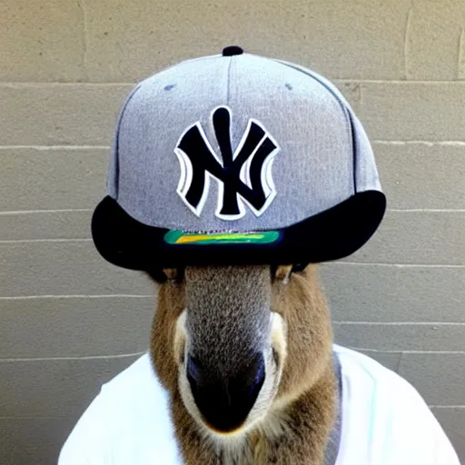 Prompt: kangaroo wearing a yankees flat bill hat