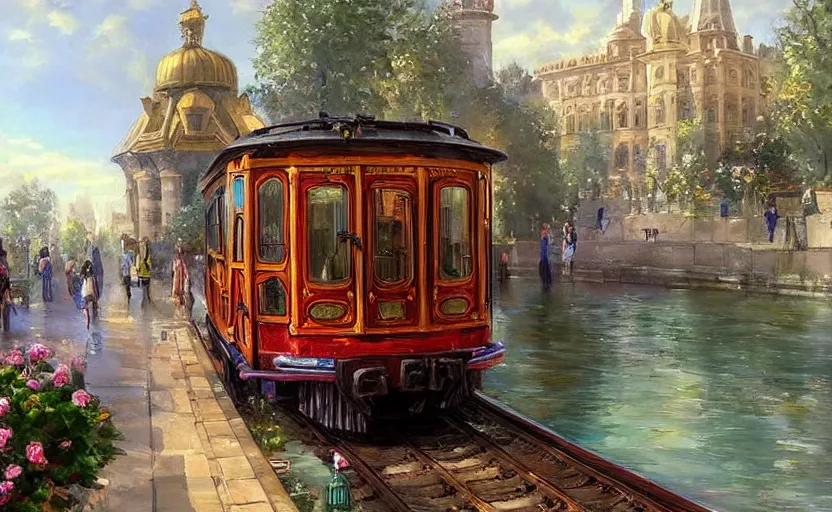 Image similar to Beautiful alchemy urban train that rides inside of a waterway on a fantasy city, next to a fountain and a mystical palace. By Konstantin Razumov, highly detailded