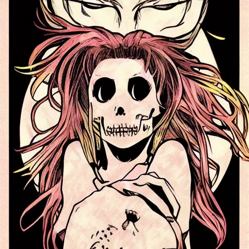 Image similar to anime manga skull portrait girl female profile skeleton astronaut illustration 80s art frank miller dirko and alphonse mucha pop art nouveau